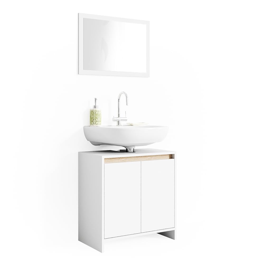 Vicco Set mobili bagno Emma, Bianco/Sonoma, 58 cm, composto da specchio da bagno e mobile sottolavabo