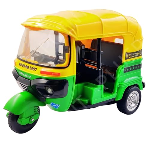 Image of PLUSPOINT Auto Rickshaw Toy,with Pull Back Action City Traffic Vehicles Public Transport Toy with Light and Sound for Aged 3 4 5 6 Boys and Girls,Kids Party Favors Gifts (Green)
