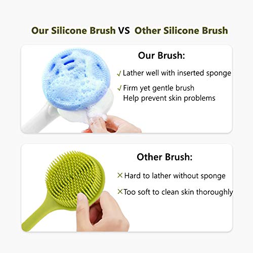 Soft Silicone Body Scrubber, AuroTrends 2021 New Bath Body Brush with Long Handle for Shower, BPA-Free, Non-Slip, Built-in & Removable Sponge (Blue)