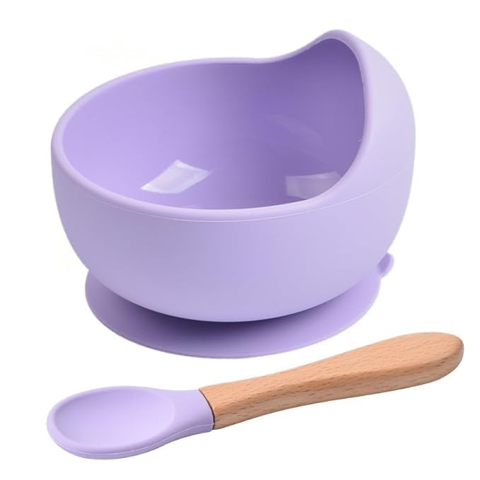 SMTPTL Baby Feeding Silicone Suction Bowl with Wooden Handle Spoon | Unbreakable Non-Slip Toddler Bowl Set | Microwave & Dishwasher Safe | Self Feeding Training Bowl for Babies & Kids (Purple)-image-47
