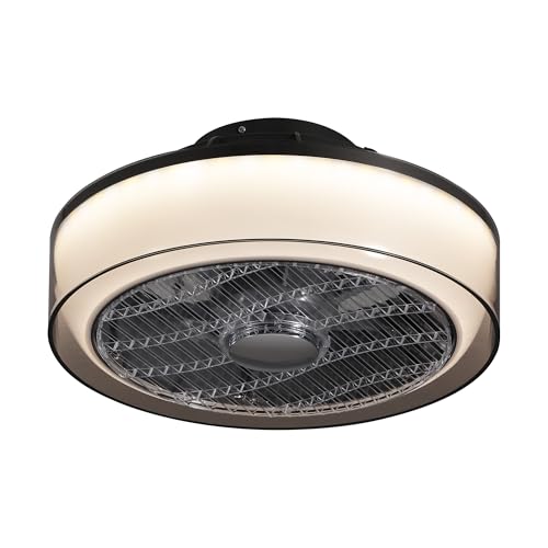 Size Medium Color White And Grey Low Profile Bladeless Ceiling Fan with Light, Amber Shade Flush Mount Ceiling Fan for Bedroom, Living Room, Office, Kitchen, APP & Remote, 6-Speed Quiet DC Motor (30dB)