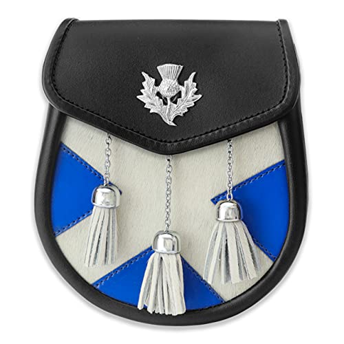 Image of Scottish Original Leather Sporran with Leather Belt & Chain (Scotland Flag with Three Tassels)