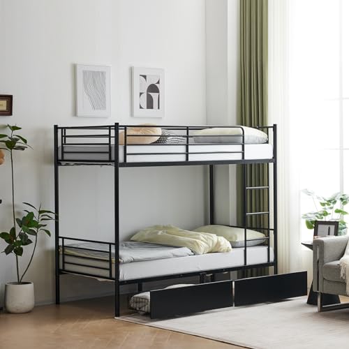 GALER Twin Over Twin Bunk Bed, Heavy Duty Metal Single Bunk Bed Frame with 2 Drawers & Ladder & Safety Guard Rails, Space Saving High Sleeper Beds for Kids, Teens & Adults (Black) - Image 6