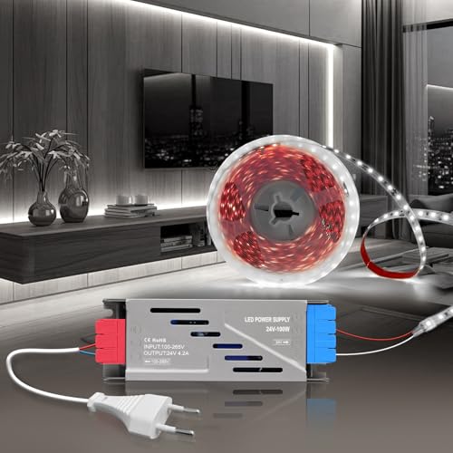 BRIMETI 24V Ruban LED Autocollant 5M Blanc Froid 6000K Bande LED Cuisine 120LED/M Découpable Flexible Largeur 8mm Avec Transformateur 220V 24V 100W et Alimentation avec Fiche, pour Maison Chambre