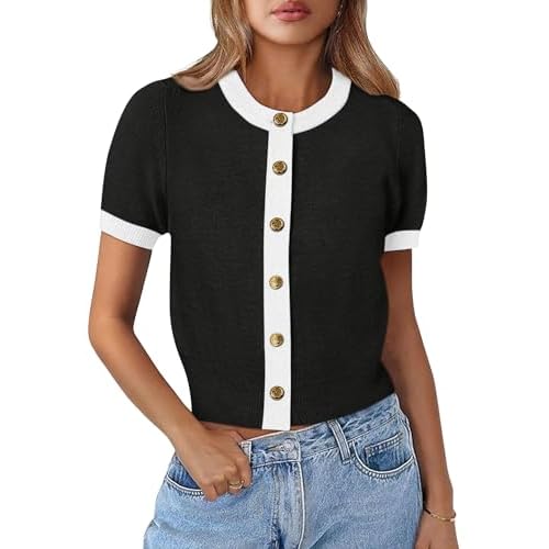 Kistore Womens Summer Casual Short Sleeve Sweater Cardigan Button Down Crew Neck Knitted Crop Cardigan Tops Black White Medium