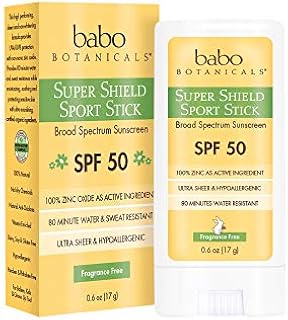 Babo Botanicals Super Shield Zinc Sport Stick Sunscreen SPF 50 with Soothing Organic Ingredients, Non-Nano, Fragrance Free, for Baby, Kids or Sensitive Skin, Yellow, Unscented, 0.6 Ounce