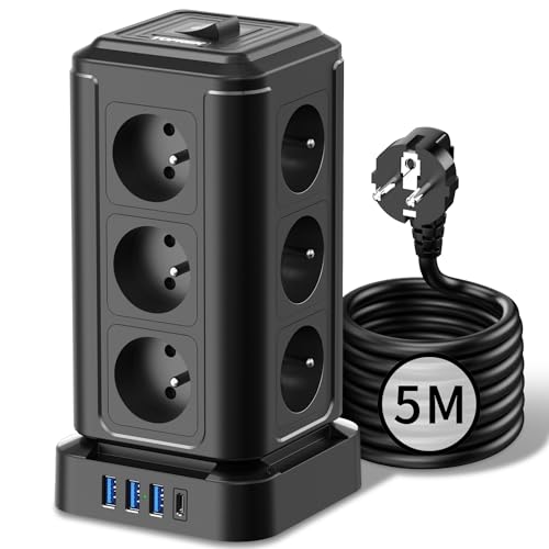 Regleta de enchufes TOPREK con 12 Tomas de CA francesas, 1 USB C (PD3.0 de 20 W), 3 USB A, 1 Interruptor y Cable alargador de 5m, 3680W/16A, protección contra sobretensiones para Oficina y hogar
