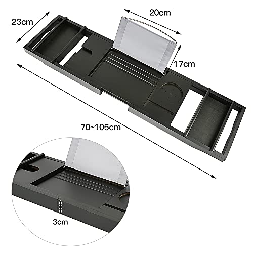 Wysuwana bambusowa taca do wanny z uchwytem na ręczniki, regulowany pojemnik łazienkowy na tablet i akcesoria, stylowy organizer łazienkowy - 70-105 cm x 23 x 3 cm (czarny)