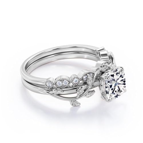 1-5 Carat (ctw) Cushion Cut Moissanite/Lab Grown Diamond Engagement Ring Sets for Women 925 Sterling Silver 10K 14K 18K Gold Bridal Sets Wedding Rings for Her3