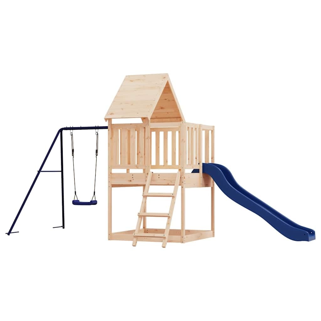 Spielturm Massivholz Kiefer mit Wellenrutsche und Einzelschaukel, 90 cm Plattform, Garten Spielhaus für Kinder, Klettergerüst und Sandkasten