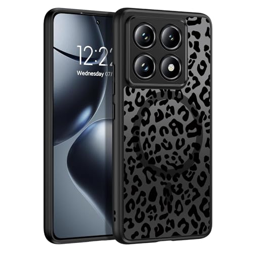 JMDZDL Magnetisch für Xiaomi 14T Hülle Kompatibel mit MagSafe Transluzente Matt Handyhülle für Xiaomi 14T Schutzhülle Hart PC Rückseite TPU Silikon Bumper Stoßfest Case Leopard