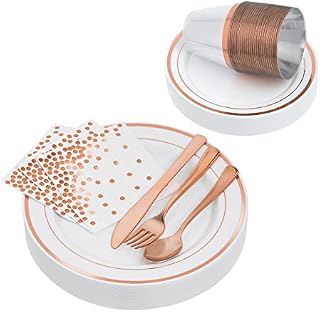 STACKABLES ~ 175 Pcs Dinner Party Set Multi-Use Hard Plastic Elegant Dinnerware Set for 25 Guests White with Rose Gold Rim