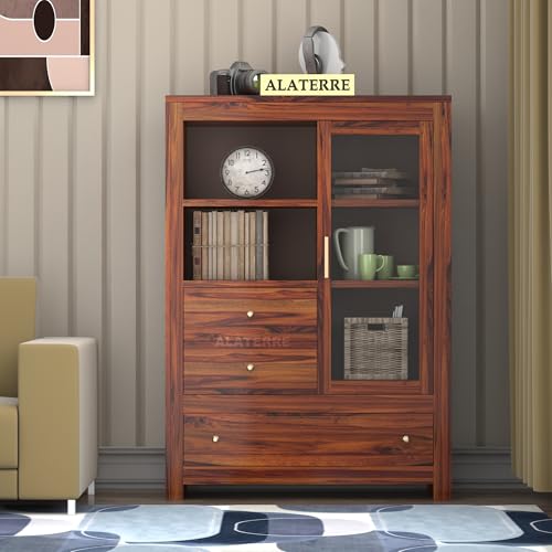 Image of Wood Book Shelf with Glass Door with Storage | Wooden Book Shelf for Home Library with Drawer | Home Office Living Room, Kitchen Crockery Storage Cabinet |, Honey Finish
