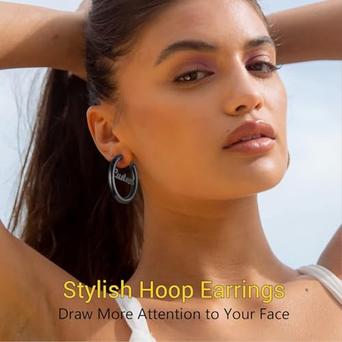 Image of Stainless Steel Chunky Hoop Earrings For Women, Minimalist and Chic, Black /Gold Plated, Round Hoops Earrings Hypoallergenic, Size: 30mm /40mm /60mm /80mm, Come with Box