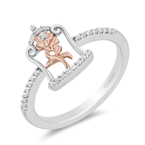 Jewelili Enchanted Disney Fine Jewelry 14K Rose Gold over Sterling Silver with 1/10 CTTW Diamonds Belle Ring Size 7