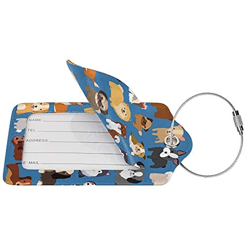 Cute Animal Dog Luggage Tag with Full Back Privacy Name ID Card Stainless Steel Loop Suitcase Labels Identifiers PU Leather Baggage Tags Luggage for Women Men Kids Girls Travel (1pcs)2