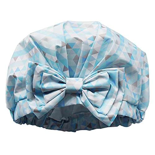 Aibilye Blue Shower Cap for Women Long Hair Reusable, Waterproof Breathable Adjustable Shower Caps with Elastic Hem, Cute Bowknot Bath Cap for Women Girl Beauty Hair Spa Bathing Home Travel