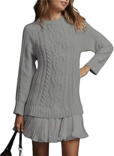 Damen Zopfstrick-Pulloverkleid Zopfstrickpullover Minikleid Rundhalsausschnitt Patchwork Plisseekleider, grau, XL