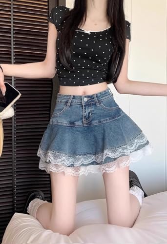 Y2K High Waist Denim Mini Skirt for Women - Layered A-Line Skater Skirt with Lace Trim, Casual Streetwear4