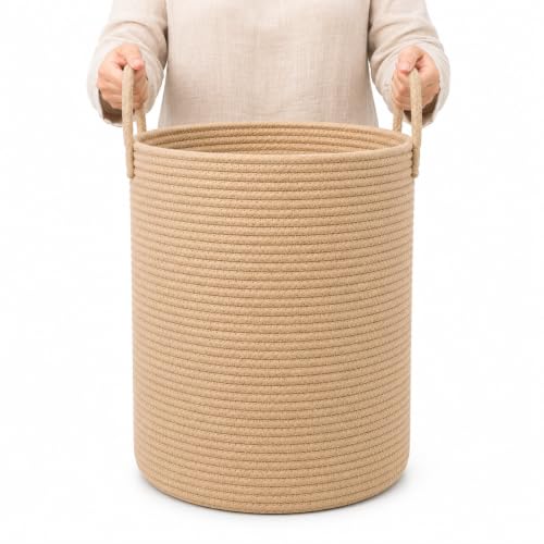 Image of OrganiHaus Tall Cotton Rope Laundry Basket & Hamper, Blanket Storage 52L | Full Honey - Tall Cotton Rope Hamper, 52L