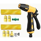 Uranus 伸縮スパイラルホース10m 15m 20m 25m 30m 40m 散水 家庭菜園 洗車 掃除 庭 ガーデニング用 フルカバーコンパクトホースリール 高圧水洗車用スプレーノズル付き 伸びる水まきホース 弾性ソフト (40m,高圧水銃＋スプリングホース)