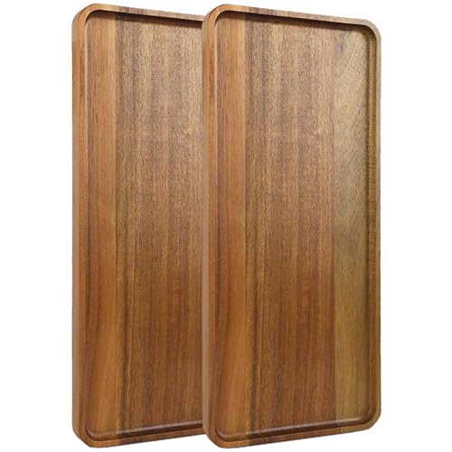 Qniceone Acacia Wooden Tray 2 PCS Large Wood Serving Trays Wooden Serving Platters for Kitchen Home Rectangle Wooden Platters Table Tray Wood Plate for Food Fruit Bread Tea Coffee (30x13cm)