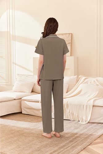 Image of Ekouaer Women's 100% Cotton Pajamas Set Short Sleeve Button Down Pjs 2 Piece Soft Sleepwear with Long Pants Lounge Set