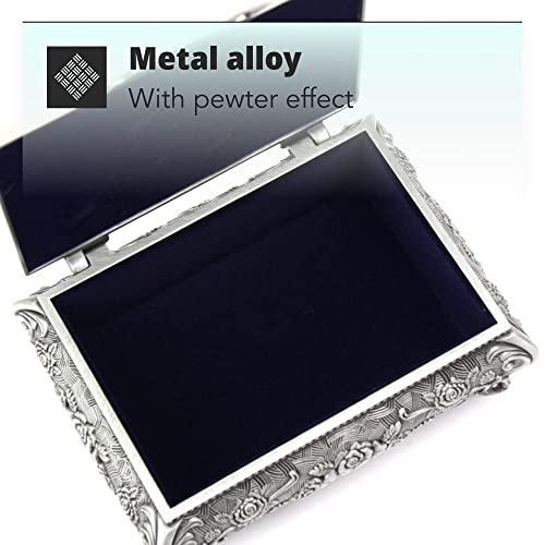 H&S Antique Metal Ring Necklace Jewellery Trinket Display Storage Vintage Box – 3 Rose Top – Metal Jewellery Box