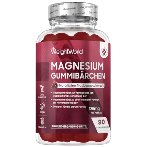 Magnesium Gummies 125 mg pro Portion - 90 Magnesiumcitrat Gummibärchen - Natürlicher Traubengeschmack - 2 Stück pro Tag - Alternativ zu Magnesium Kapseln & Tabletten - 45 Tage Vorrat - WeightWorld
