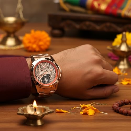 Image of Shree Ram Skeleton Watch, Ayodhya Mandir Theme, Mechanical Look Quartz, Stainless Steel Metal Bracelet, Round Dial with Deity Engraving for Man and Boyes