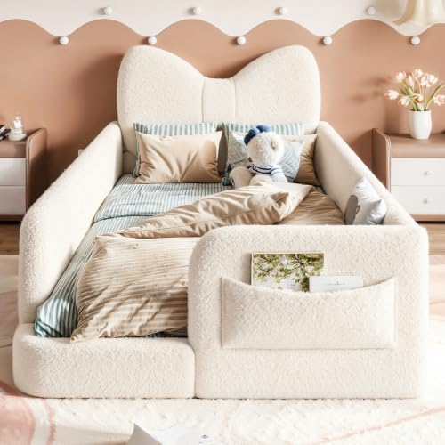 Image of Twin Size Kids Bed with Bow-Shaped Headboard, Upholstered Teddy Fabric Twin Daybed with Slats Support & Side Pockets, Space-Saving Wooden Corner Sofa Couch Bed Frame for Girls, Boys, Teenager(Beige)