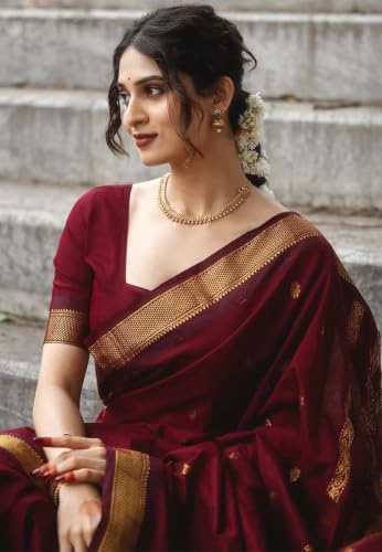 Image of Women's South Indian Art Silk Saree With Blouse Piece For Traditional Sari (Maroon)