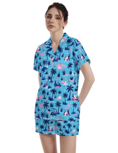 Image of Funny Pajamas for Women Set Print Satin Loungewear Pjs Short Sleeve Button Down Top and Shorts Sets Sleepwear XS-3XL