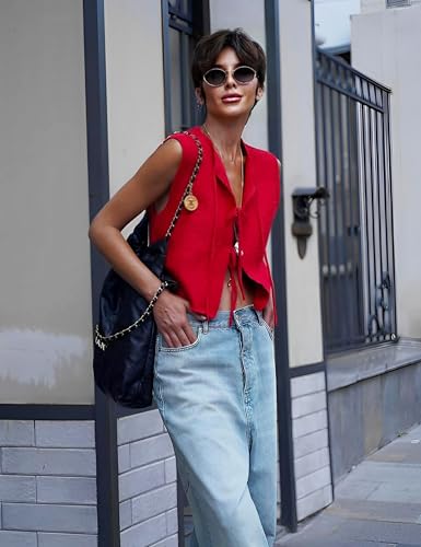 Women's Crochet Sweater Vest Summer Casual Sleeveless Crew Neck Tie Front Knit Vest Top Cardigan4