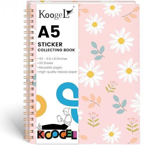 Koogel Reusable Sticker Book for Kids and Adults, A5 Sticker Collection Album Organizer with 50 Sheets Release Paper, for Collecting, Storing, Displaying, Journaling and Travel Keepsakes