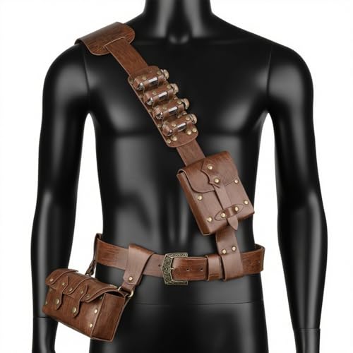 HiiFeuer 7 PCs Medieval Baldric Tactical Belt Accessories Renaissance Faux Leather Belt Bag Alchemy Bottle Holder for Cosplay3
