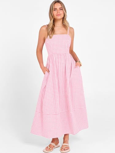 Image of Caracilia Womens Maxi Dresses Gingham Spaghetti Strap Back Smocked Flowy Long Sundress Summer Beach Vacation Clothes 2026