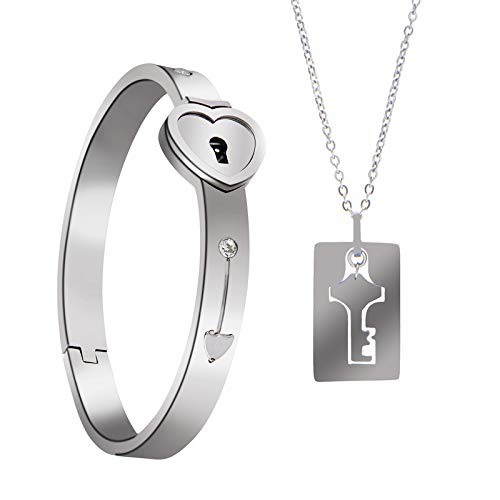 MOONDUST CZ Studded and Stainless Steel Valentine Heart Lock and Key Stylish Couple Bracelet Love Jewellery Pendant Necklace Combo Gift Set For Men and women, Girls (MD_3214) (B08YYXGQSQ) Amazon Price History, Amazon Price Tracker