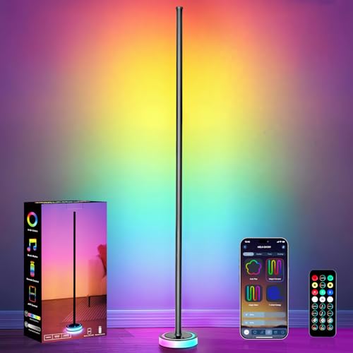 BRINGUX Smart Corner Floor Lamp RGBICW LED Standing Lamp with App Control 16 Million Colors with Music Sync Dimmable Ambient Light for Bedroom Living Room Home Decor (Black)