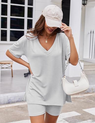 Image of Ekouaer Womens Pajamas 2 Piece Lounge Sets Oversized V Neck T-Shirts Tops Biker Shorts Set Workout Reversible Tracksuit S-XXL