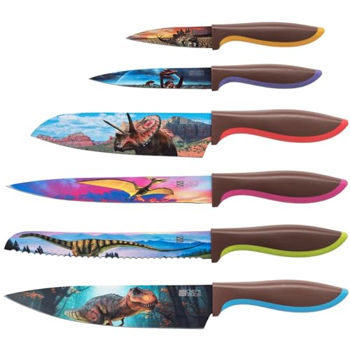 CHEF'S VISION Jurassic Knife Set - 6-Piece Stainless Steel Cutting Knives Set for Kitchen - Stunning Dinosaur Designs, Great Gift for Women or Men - Unique Kitchen Knife Set Gift