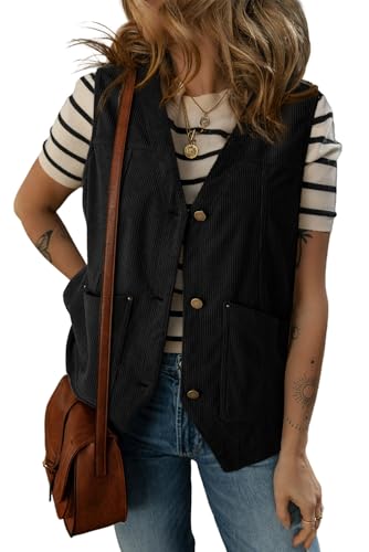 Dokotoo Womens Corduroy Military Vests Outerwear 2025 Spring Button-Down Lightweight Waistcoat Sleeveless Jacket Summer Outfits Casual Vest with Pockets,Black Large