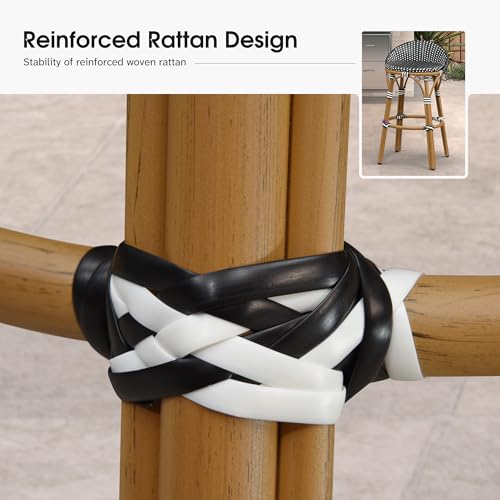 Image of PURPLE LEAF Patio Oversized Backrest Bar Height Stool Set of 1 Outdoor Round Barstools Aluminum Frame in Bamboo Finish Woven Rattan for Indoor Kitchen Dining Bistros Cafe Restaurant Black