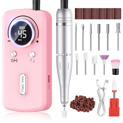 Ponceuse à Ongles Professionnel 45000 tr/min - Ponceuse pour Ongles en Gel et Acrylique Rechargeable avec 11 Embouts, Écran LCD - Portable pour Salon et...