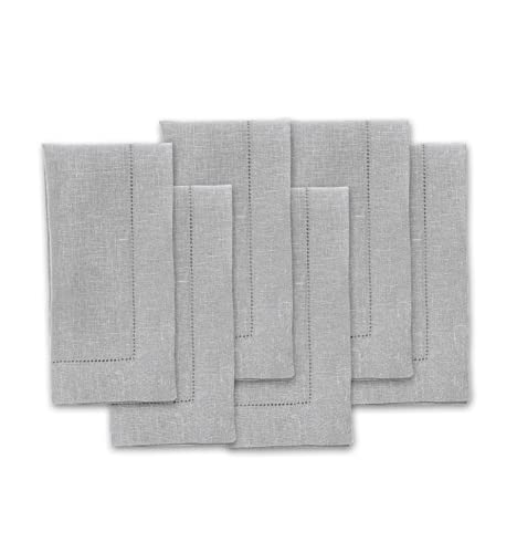 Solino Home Linen Napkins Set of 6 – Hemstitch 100% Pure Linen, Soft Grey, 20 x 20 in