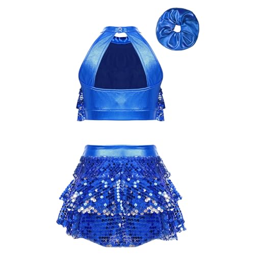 JanJean Kids Girls Sparkle Metallic Crop Top with Skirted Hair Band for Hip Hop Jazz Street Dance Competition Royal Blue 11-12 Years
