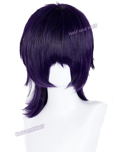 Image of Half and Half Dark Purple Wolf Cut Wig for Narancia Cosplay, Short Black Purple JJBA Anime Wigs with Bangs 16.5'' Shoulder Length Spiky Layered Wigs for Men Women Halloween Party Daily