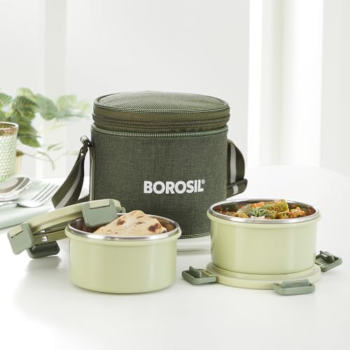 Borosil 280ml x 2 pc Glory Green Stainless Steel Lunch Box with Bag