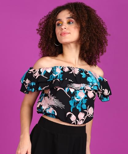 Image of POPWINGS Casual Off-Shoulder Crop Top for Women| Printed Crop Top for Women | Off-Shoulder Crop Top for Women Stylish | Women Tops Stylish