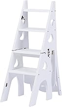Taburete plegable 3 en 1 convertible de madera con escalera portátil, taburete multifunción de 4 escalones para el hogar y la biblioteca (color: blanco, tamaño: 47 x 35 x)
